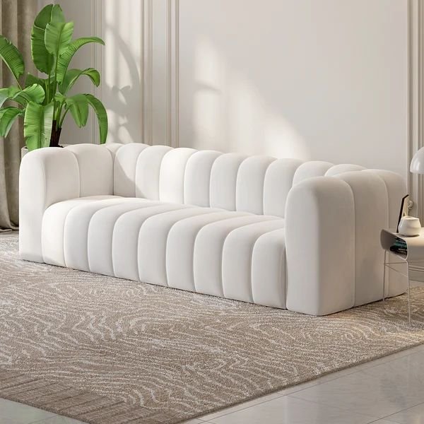 Modern 3-Seater White Velvet Sofa – Channel Tufted Luxury Couch with Solid Wood Frame