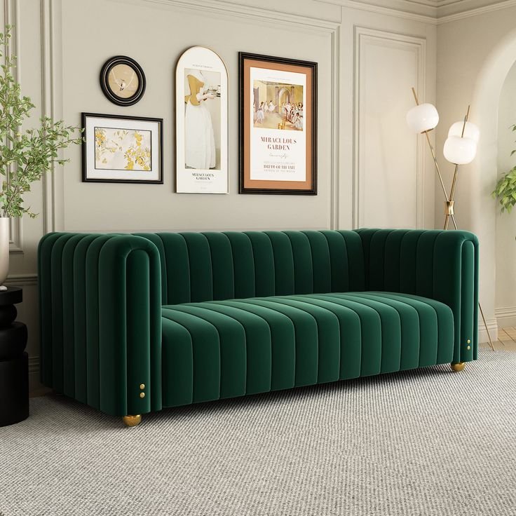 Channel‑Tufted Green Velvet 3‑Seater Sofa – Curved Modern Design